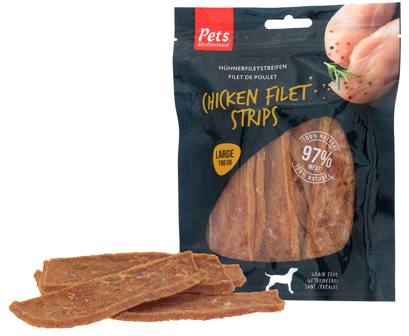 Pets Unlimited Large Chicken Filet Strip, 150g, A premium meaty treat with no artificial Colours flavours or preservatives - PawsPlanet Australia