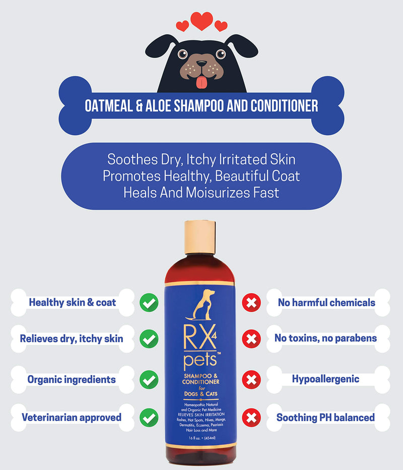 [Australia] - RX4 Dog Cat Shampoo Conditioner - Naturally Organic Oatmeal Aloe Puppy Treatment, Supplies Relief for Smelly Pets, Mange, Dry Itchy Skin, No More Scratching,16oz 