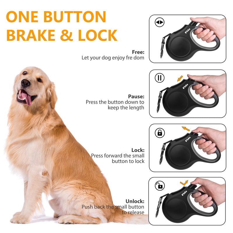 Fida Retractable Dog Leash with Dispenser and Poop Bags for X-Small/Small/Medium/Large Breed, 16 ft Heavy Duty Pet Walking Leash, Anti-Slip Soft Handle, Reflective Strong Nylon Tape, One-Handed Brake X-Small, 10ft Black - PawsPlanet Australia