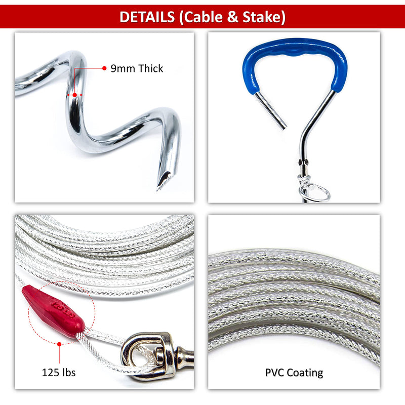 3m Dog Chains for outside Dog Tie Out Cable Heavy Duty Steel Spiral Ground Spike Stake (45cm) Dog Tether Outdoor Dog Camping Tie Out Lead Leash for Dogs 125 lbs (Cable & Stake, 10 Feet (3m)) Cable & Stake 10 Feet (3m) - PawsPlanet Australia