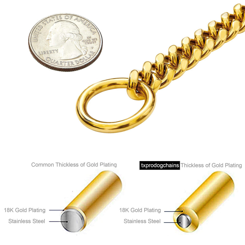 txprodogchains 18K Gold Chain Dog Collar 10MM Cuban Link Chain Stainless Steel Metal Links Walking Training Collar for Small Medium Large Dogs 10in to 24in 10" (Neck Fits 6"-8") - PawsPlanet Australia