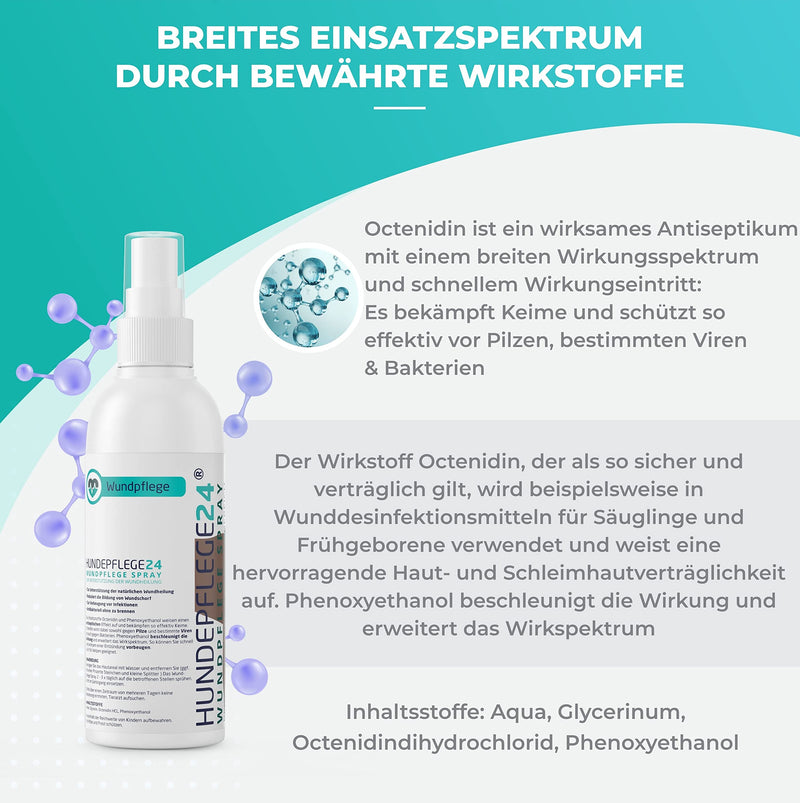 Hundepflege24 wound spray for dogs - disinfects, soothes, cares for and protects wounds of all kinds without burning - 125ml with proven active ingredients. Wound spray for dogs - care and wound disinfection for dogs - PawsPlanet Australia