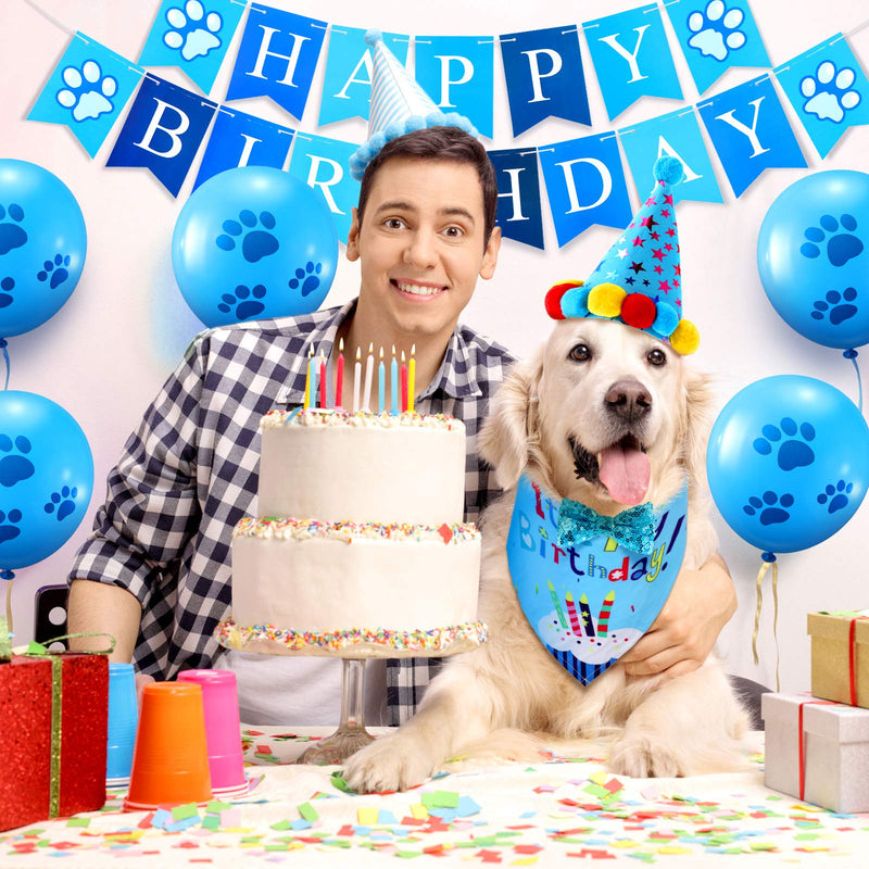 Dog Birthday Bandana Hat Set Dog Birthday Hat Dog Birthday Bandana Scarf Shining Dog Bow Tie Collar Dog Happy Birthday Banner and 10 Piece 12 Inch Paw Print Balloon with Tape for Dog Pet (Blue) Blue - PawsPlanet Australia