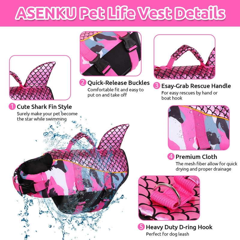 ASENKU Dog Life Jackets, Ripstop Pet Floatation Life Vest for Small, Medium, Large Size Dogs, Dog Lifesaver Preserver Swimsuit for Water Safety at The Pool, Beach, Swimming, Boating (XL,Pink Shark) X-Large Camo Pink - PawsPlanet Australia