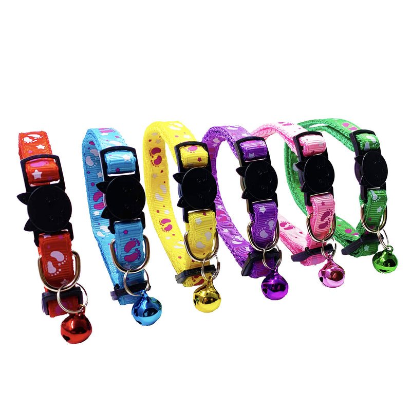 [Australia] - PACCOMFET 6 Pcs Breakaway Cat Collars Adjustable Colorful Nylon Safety Pet Collar Printed Footprint with Bells 