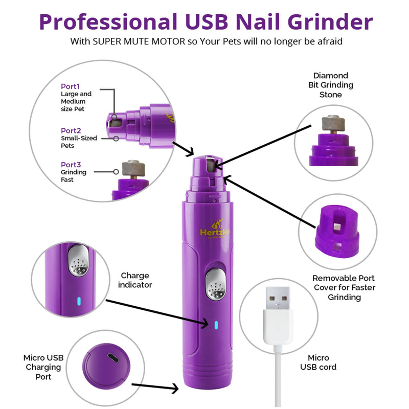 Hertzko Electric Dog Nail Grinder Painless Nail Tool for Puppies, Small Medium & Large Dogs & Cats - Cordless, Portable Dog Nail Trimmer, Clipper - Recharges with Included Micro USB Wire Purple - PawsPlanet Australia