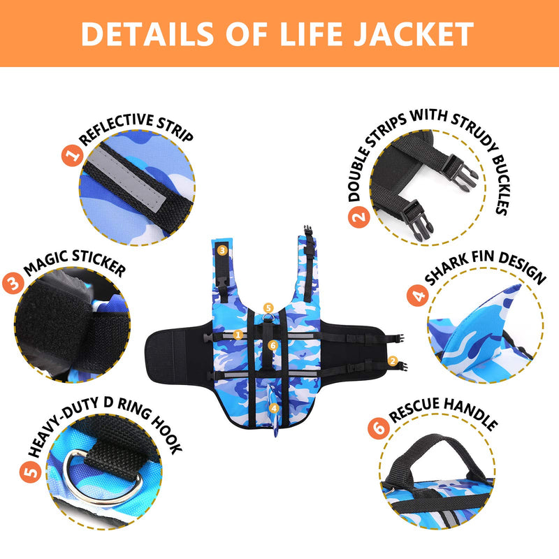 Letsqk Dog Life Jacket Ripstop Fin Shark Flotation Lifesaver Vests with Rescue Handle and High Buoyancy for Small Medium Large Dogs, Pet Safety Swimsuit Preserver for Swimming Pool Beach, Blue, XS X-Small - PawsPlanet Australia