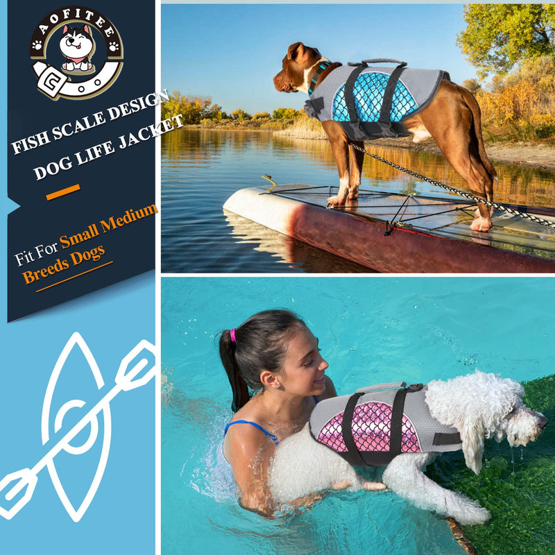 AOFITEE Dog Life Jacket Ripstop Dog Life Vest for Boating Swimming, Reflective Dog Safety Vest with Superior Buoyancy & Rescue Handle, Fish Scales Dog Swimsuit Lifesaver for Small Medium Dogs X-Small Blue - PawsPlanet Australia