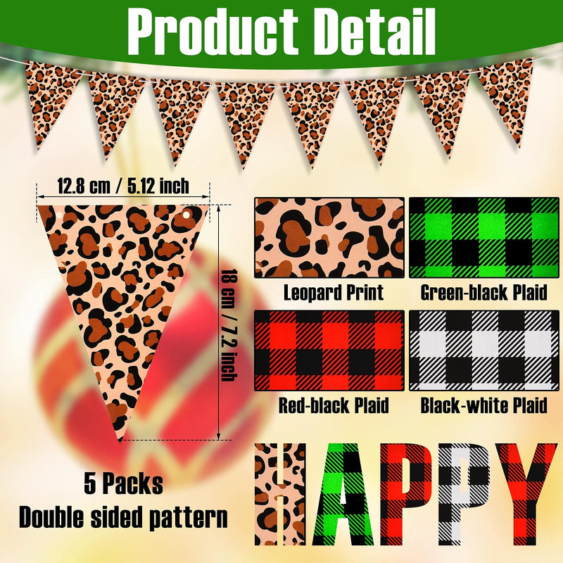 5 Pieces Christmas Checkered Flags Pennant Banners Plaid Bunting Pennant Plaid Banner Leopard Print Prints Pennant Banner for Mantle Fireplace Christmas Wedding Baby Shower Birthday Party Decoration - PawsPlanet Australia