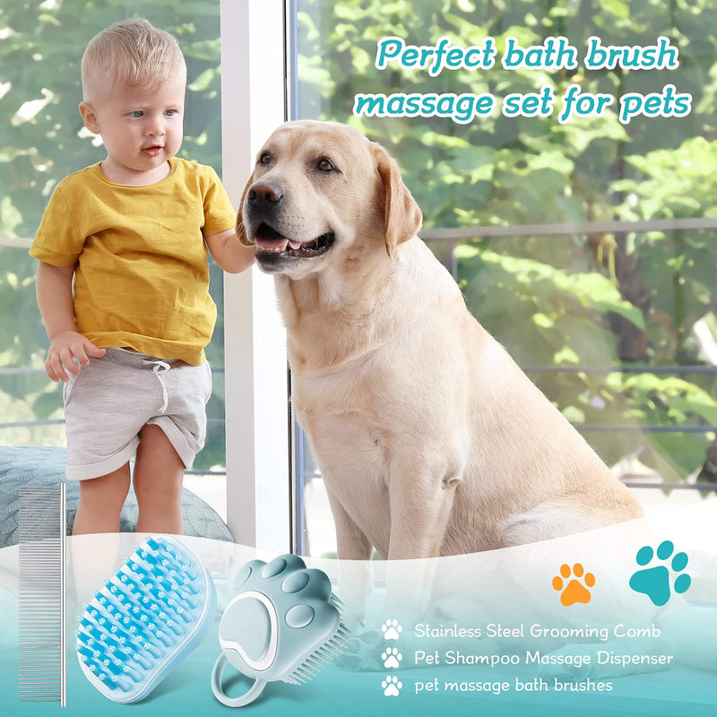 3 Pieces Dog Bath Brush Pet Massage Brush Shampoo Dispenser Soft Silicone Rubber Scrubber Bristle with Pet Stainless Steel Grooming Comb for Dogs and Cats Deshedding Massaging Washing Shower - PawsPlanet Australia