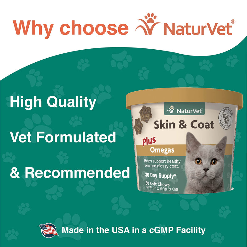 NaturVet – Skin & Coat Plus Omegas For Cats – 60 Soft Chews – Supports Healthy Skin & Glossy Coat – Enhanced with Omega-3, Omega-6 & Biotin – 30 Day Supply 60 Count (Pack of 1) - PawsPlanet Australia