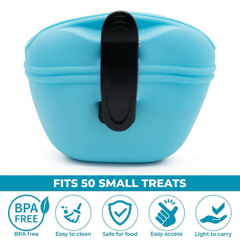 PAWPYGO Dog Treat Pouch, Pet Training Food Dispenser with Waist Clip, Silicone Treat Pouch, Magnetic Closure, BPA Free, Fits 50 Small Treats Blue - PawsPlanet Australia