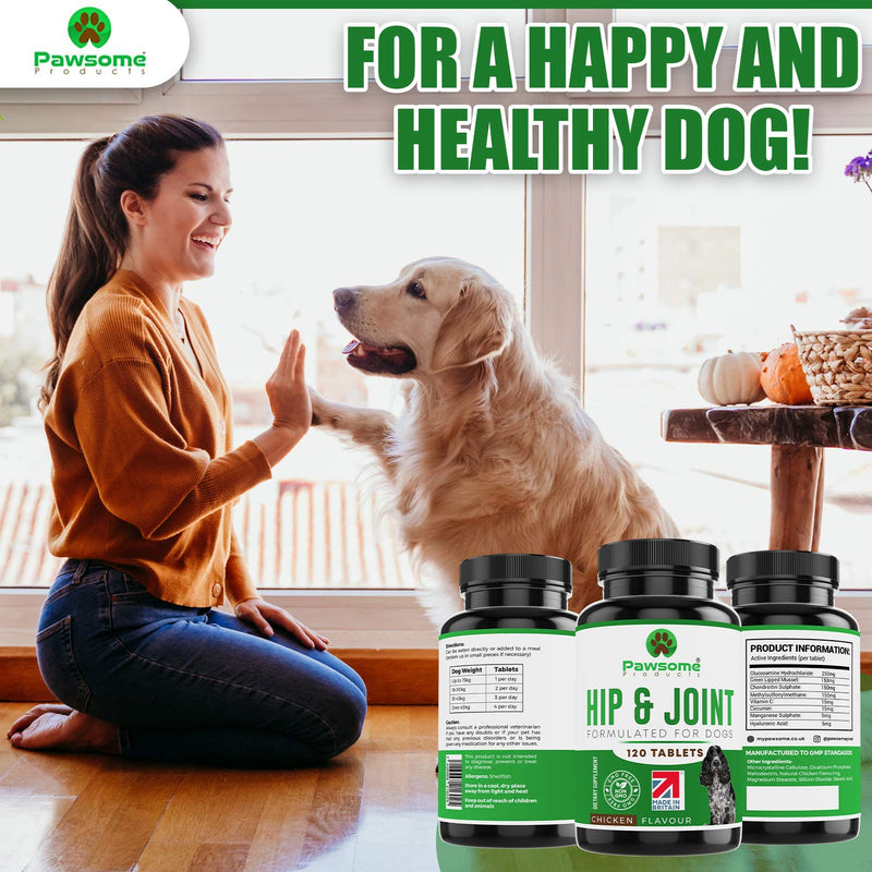 Pawsome Products Hip and Joint Supplement for Dogs with Glucosamine, Chondroitin, Green Lipped Mussel, MSM, Curcumin, Hyaluronic Acid, Manganese & Vitamin C - 120 Chicken Flavoured Chewable Tablets - PawsPlanet Australia