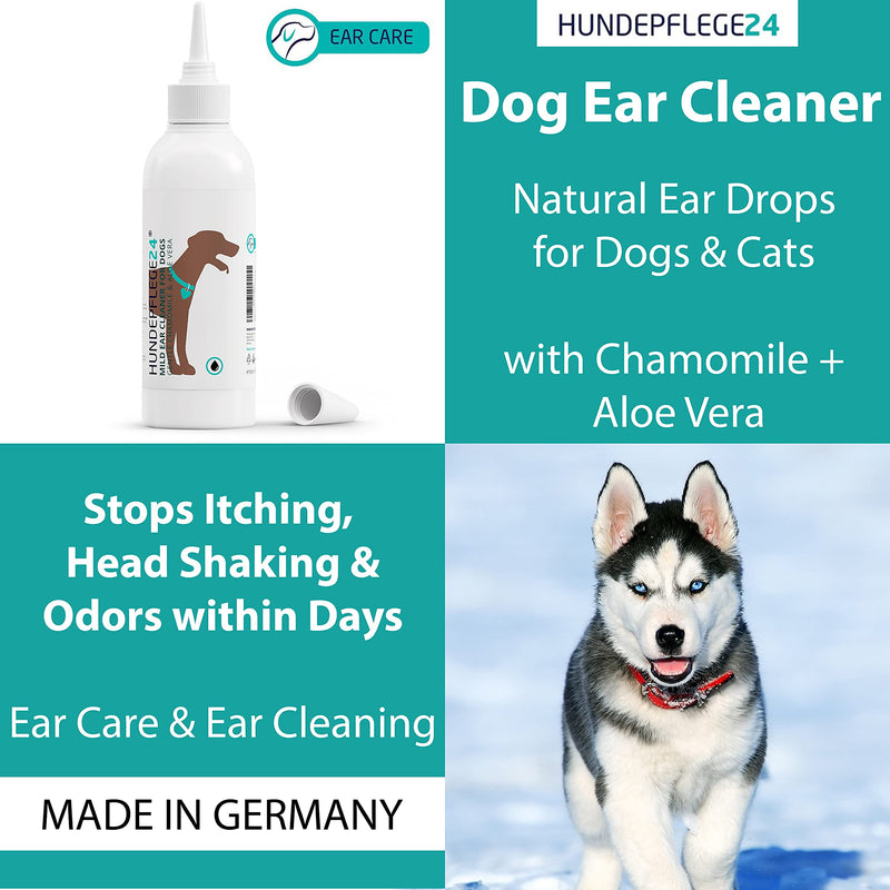 Hundepflege24 - Dog Ear Cleaner 250ml – Stops Itching, Head Shaking & Odors within Days - Natural Ear Drops for Dogs & Cats with Chamomile + Aloe Vera - Ear Care & Ear Cleaning - PawsPlanet Australia