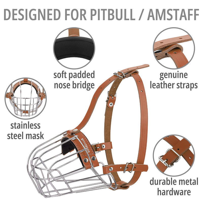 BRONZEDOG Pitbull Dog Muzzle Breathable Metal Basket for Large Dogs Amstaff Staffordshire Terrier Biting Chewing Barking (Brown) Brown - PawsPlanet Australia