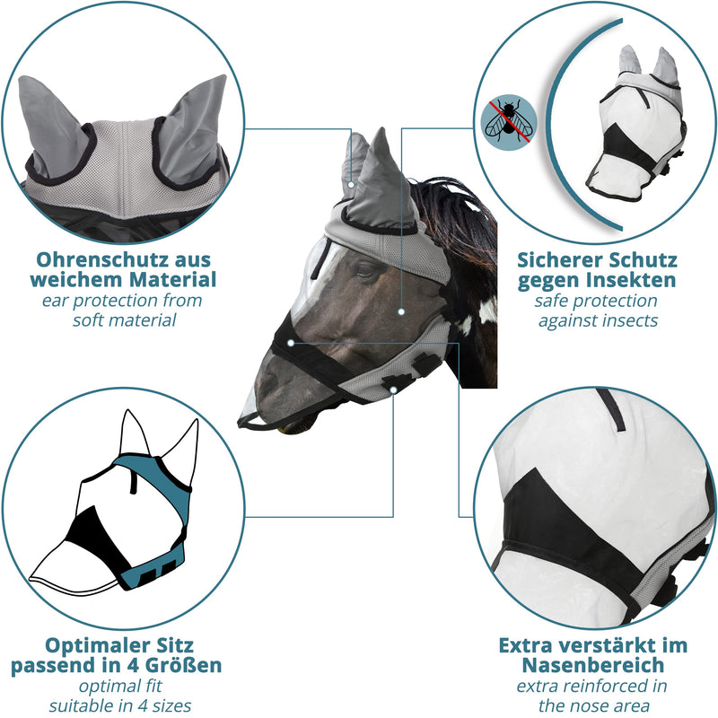 valuents fly mask for horses in gray - fly hood - nostril protection - UV protection - in 4 sizes for thoroughbred +Plus: horse brush M - thoroughbred - PawsPlanet Australia
