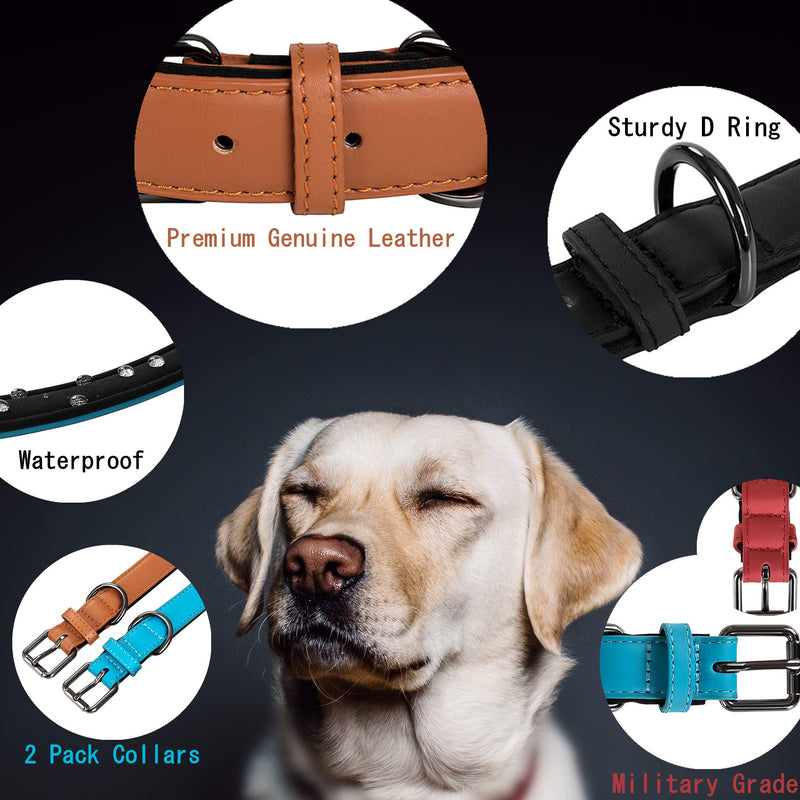 [Australia] - Coohom 2 Pack Genuine Leather Soft Waterproof Fabric Padded Dog Collars,Durable Adjustable Leather Pet Collars for Small Medium Large Dogs Black Red Blue Orange Yellow Brown black+brown 