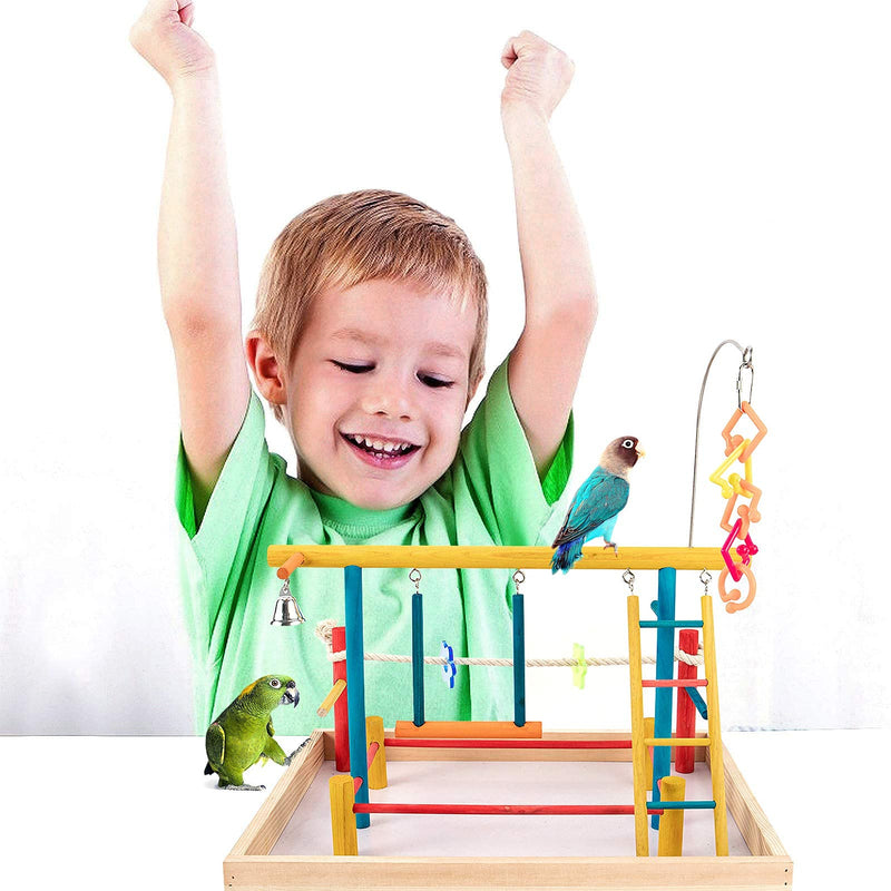 Colorful Wooden Bird Life Activity Center Set- Large Parrot Perch Platform Stand with Ladder Swing Hanging Toy Wood Gym Training Stand Bird Playground Toys for Small Birds Cockatiel Lovebird Parakeet - PawsPlanet Australia