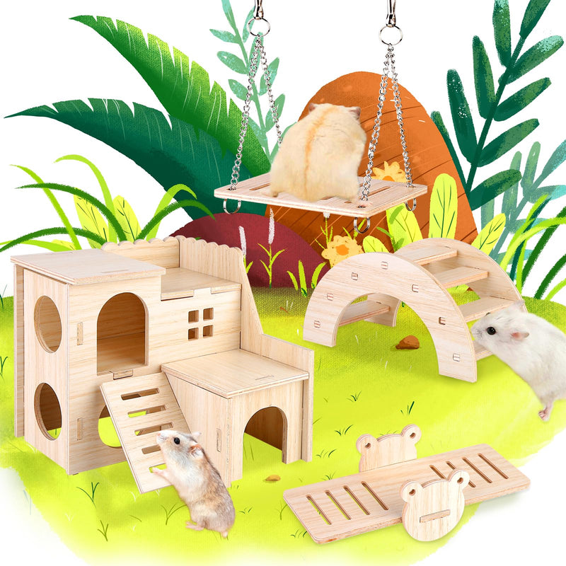 Toys for Hamsters Made of Wood, Pack of 6 Hamster Chew Toys, DIY Hamster Toys, Hamster House Bridge Seesaw Swing Cage Decor Accessories for Gerbils, Guinea Pigs, Chinchilla, Rabbits, Birds - PawsPlanet Australia