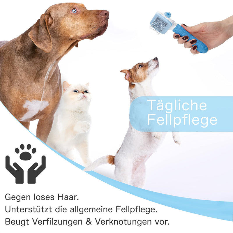 BLUZELLE animal care brush, pet brush for short hair and long hair, self-cleaning fur brush, animal hair brush, gentle cat brush, dog brush, grooming for dogs, cats etc., colour: blue blue - PawsPlanet Australia