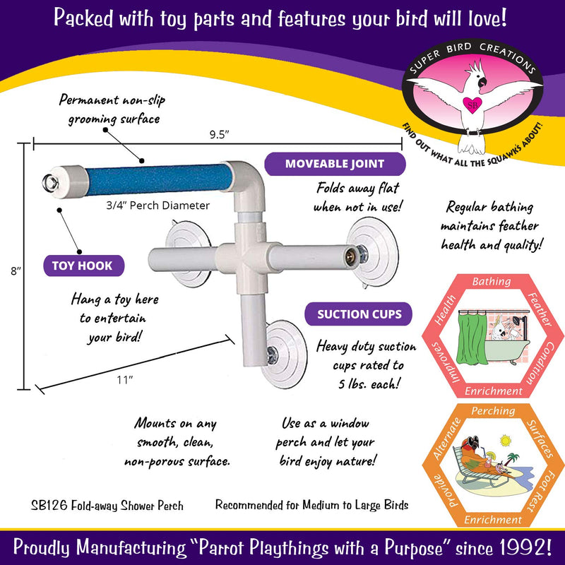 [Australia] - Super Bird Creations SB126 Portable Fold-Away Shower Perch with Suction Cups, Bird Grooming Accessory for Medium & Large Size Birds, 9.5” x 11” x 8” 