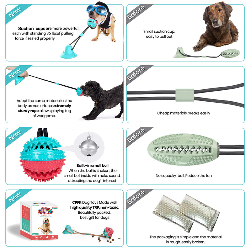 [Australia] - CPFK Dog Chew Suction Cup Tug of War Toy Multifunction Interactive Pet Aggressive Chewers Rope Puzzle Toothbrush Molar Bite Squeaky Toys Ball with Teeth Cleaning and Food Dispensing Features Red + Turquoise 1 suction cup 