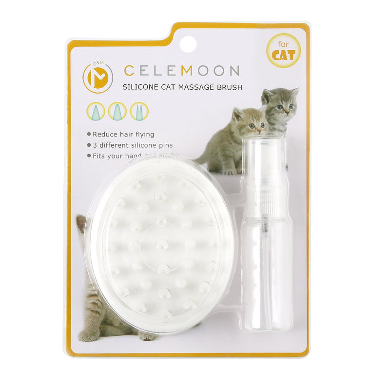 [3 Different Pins] CeleMoon Profesional Silicone CAT Grooming/Massage Brush + 20ml Plastic Spray Bottle, White - PawsPlanet Australia