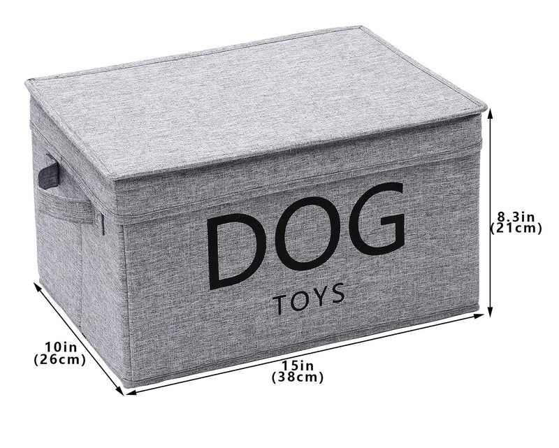 Medium dog toy bin 15"x10"x8.3" inch linen-cotton blend dog container organizer with lid - collapsible dog toy basket for organizing dog cat toys and accessories - Gray - PawsPlanet Australia