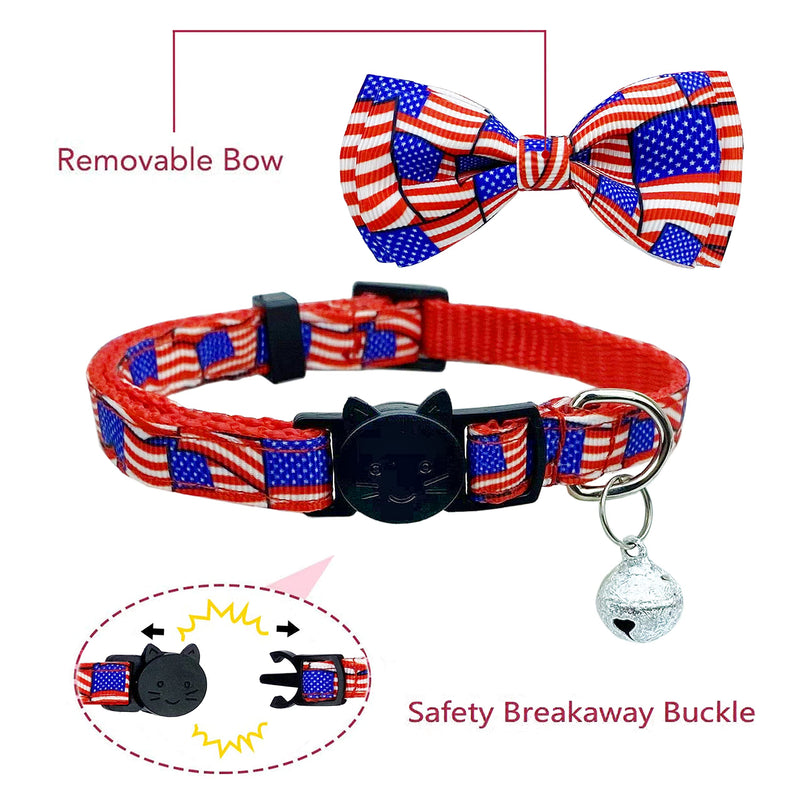 4th of July Cat Bow Tie Collar with Bell, Independence American Holiday Kitty Kitten Patriotic USA Flag Collars for Boys Girls Male Female Cats Pattern 1 - PawsPlanet Australia