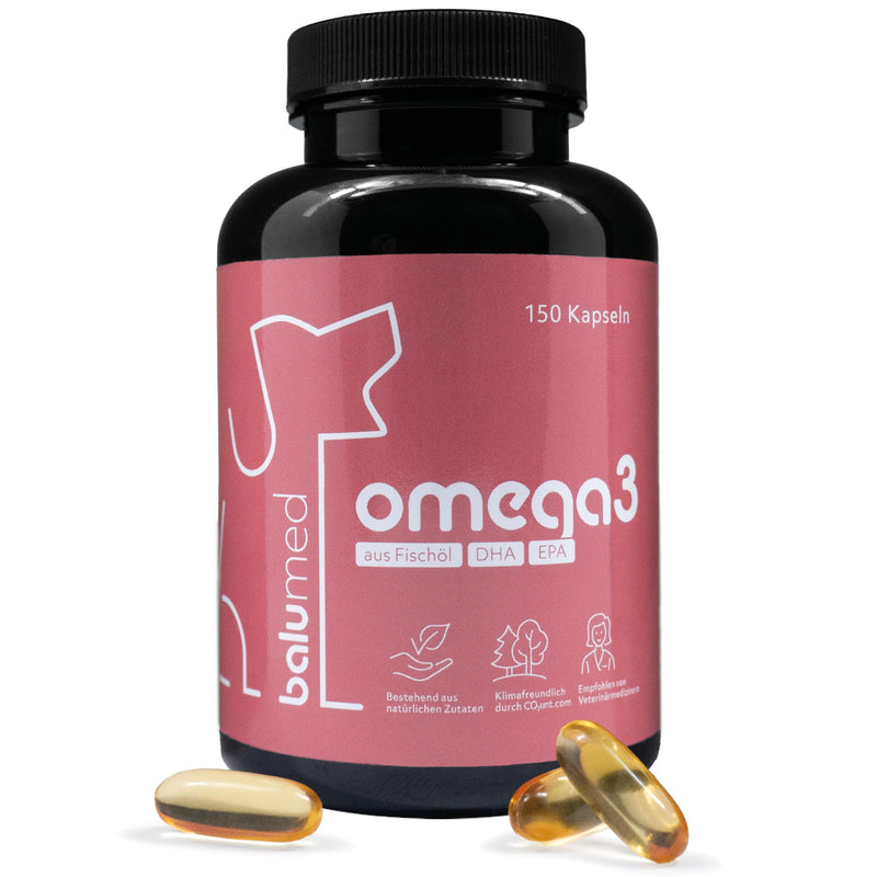 balumed Omega 3 capsules for dogs - 150 pieces - support for brain, healthy skin and active heart - anti-aging with fish oil, DHA, EPA, vitamin E-1000 mg - PawsPlanet Australia