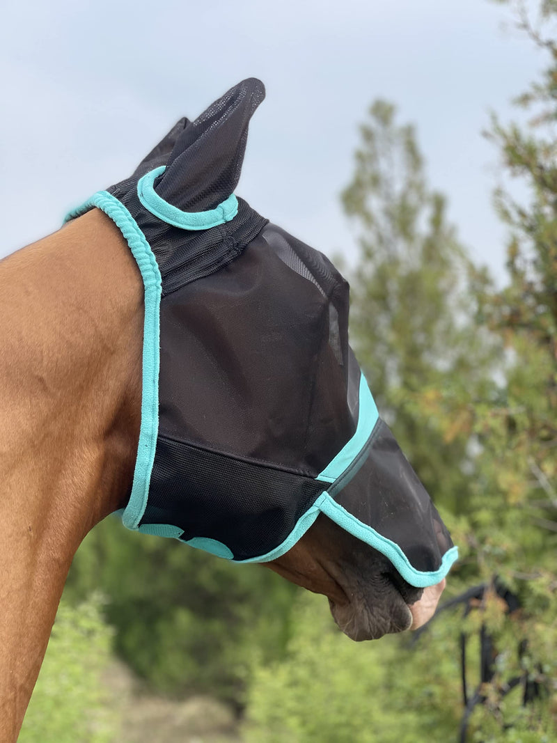 TGW RIDING Horse Mask Full Face Mesh Fly Mask Fine Mesh with Ears and Long Nose (Warmblood, Black/Turquoise) - PawsPlanet Australia