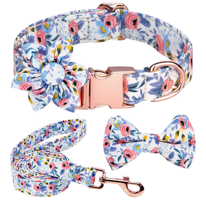 Cute Dog Collar and Leash Set with Bow Tie and Flower 4PCS, Soft Girl Heavy Duty Holiday Seasonal Dog Collar and Leash for Puppy Small Dogs Female with Adjustable Safety Metal Buckle, Orange S(Neck Girth: 11"-16", Width:5/8" ) - PawsPlanet Australia