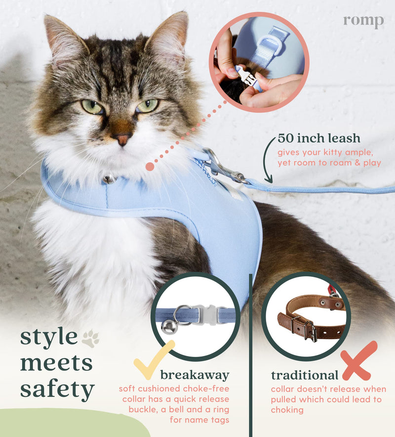 Cat Harness, Collar & Leash Set - Escape Proof Adjustable Choke Free Velcro Harness Vest for Walking Cats & Kittens Cotton Blue Small - PawsPlanet Australia