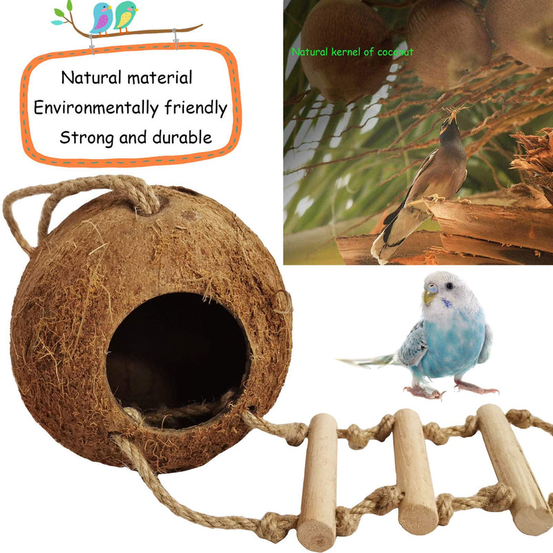 kathson Bird Hides Coconut Nest with Ladder Perches Hanging Parrot House Cage Natural Coconut Fiber Parakeet Chewing Toys Intelligence Training Rings for Small Budgies Cockatiels 5PCS - PawsPlanet Australia