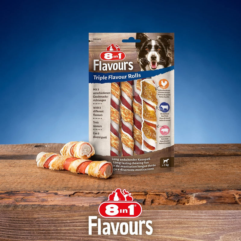 8in1 Triple Flavor Rolls chewing sticks for dogs - chewing snacks with extra meat, 113g bag (3 pieces) - PawsPlanet Australia