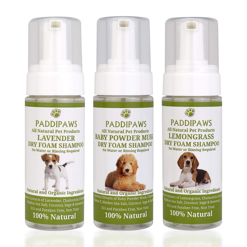 PADDIPAWS Dry Foam Dog Shampoo - 100% Natural - Lavender Fragrance - No Rinsing - Leave to Dry - Brush Out - PawsPlanet Australia