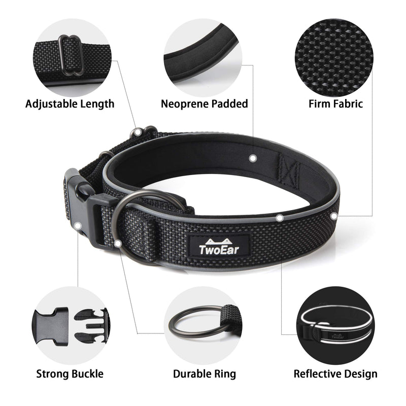 TwoEar Dog Collar Neoprene Padded Soft Comfortable Dog Collar Heavy Duty Adjustable Breathable Reflective Durable for Extral Large Medium Small Dogs Pet and Breed（S,Black） Black - PawsPlanet Australia