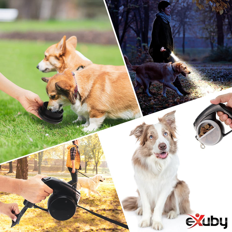 eXuby 5-in-1 Retractable Dog Leash with Built-in Collapsible Water Bowl, Flashlight, Dog Poop Bag Holder Dispenser, Dog Treat Holder for Small to Large Dogs, 13 Ft Long w/ Strong Tangle Free Leash Black - PawsPlanet Australia