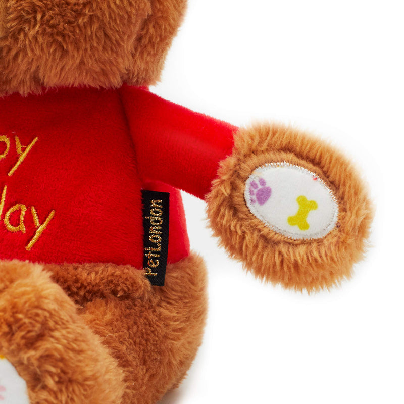 PET LONDON Happy Birthday Bear Dog Toy - Present to Celebrate Dog's Bday or Adoption - Soft Plush Teddy Gift for Dog or Pup with Embroidered Birthday Message, Squeaky, Stylish Great Animal Gift - PawsPlanet Australia