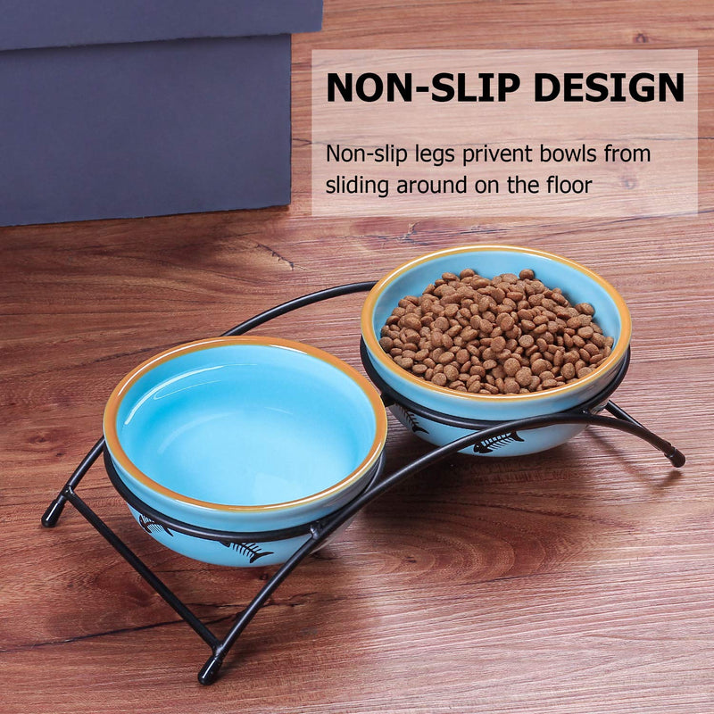 Y YHY Ceramic Raised Pet Cat Bowls, Cat Food Dishes and Water Bowls, 2 Cat Dishes, Gift for Cat and Puppy, Fish Bone Design, 355ML, Blue - PawsPlanet Australia