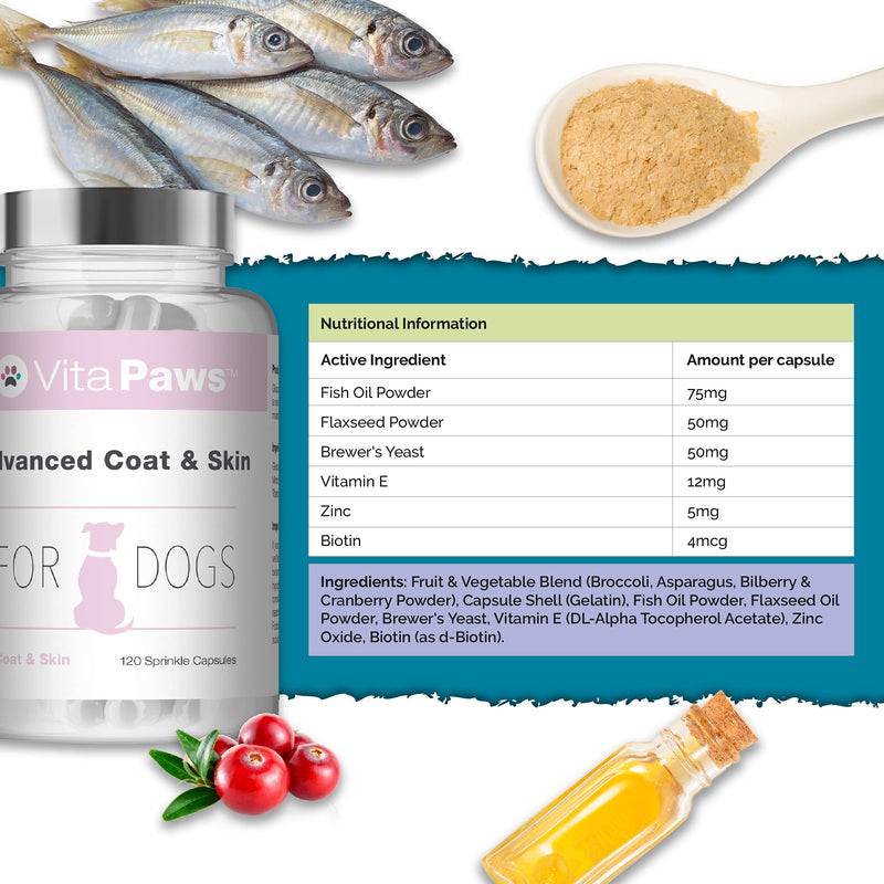 Advanced Coat & Skin Remedy for Dogs | Supplement Formulated for Dry, Itchy Skin or Dull Coats | Rich in Fish Oil, Flaxseed Oil & Biotin | 120 Sprinkle Capsules for Fussy Pets | UK Manufactured - PawsPlanet Australia