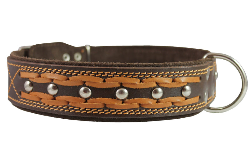 [Australia] - Genuine Leather Braided Studded Dog Collar, Brown 1.75" Wide. Fits 22"-27" Neck, XLarge. 