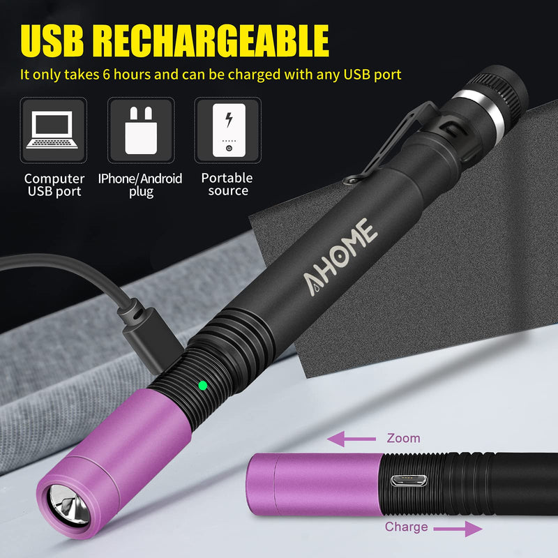 AHOME P2 USB Rechargeable Pen UV Torch, 395nm Blacklight LED Pocket Penlight, Pet Urine Detector, IPX5 Water-Resistant, 1000mAh NiMH Battery ×2 Included, 2 Modes (High, Low) - PawsPlanet Australia