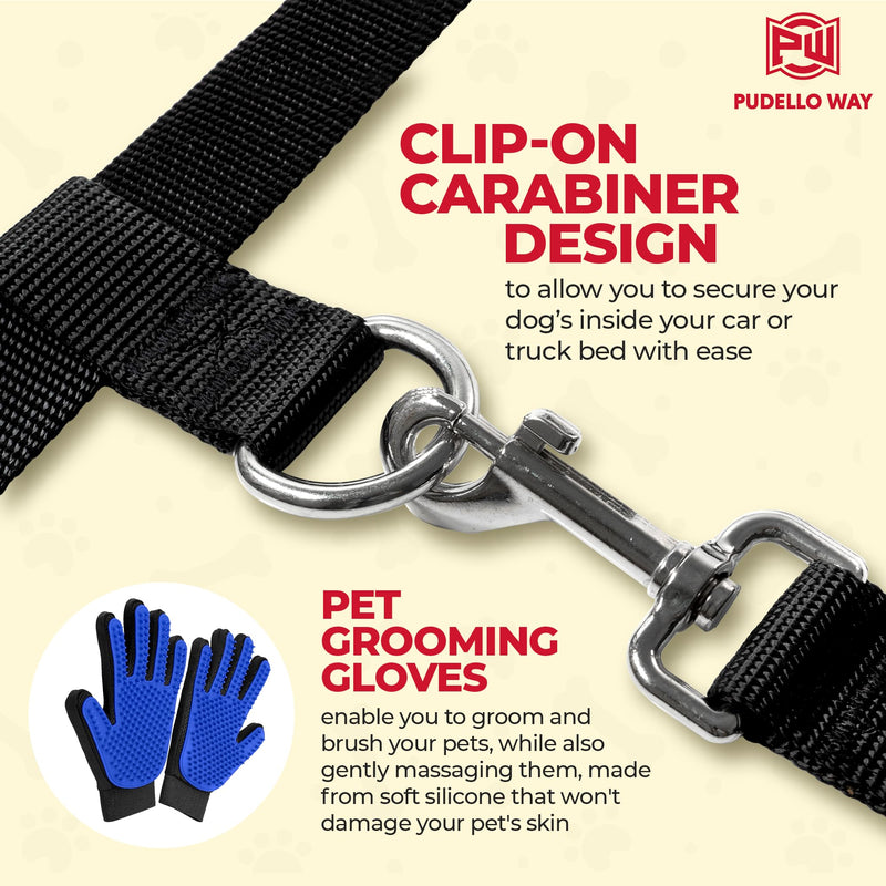 Pudello Way Two Dog Truck Bed Cross Tether - Canine Tie Down System - Adjustable Double Safety Leash for Car, SUV or Truck Bed for Dogs - Includes Pair of Pet Grooming Gloves - PawsPlanet Australia