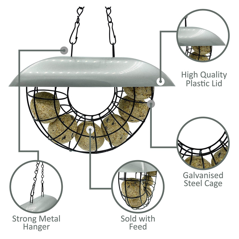 Half Moon Bird Feeder With 6 Suet Balls Included - Galvanised Steel Outdoor Hanging Feeders for Garden Birds with Plastic Roof - Attracting Tits, Finches, Robins, Sparrows & many more Wild Birds - PawsPlanet Australia