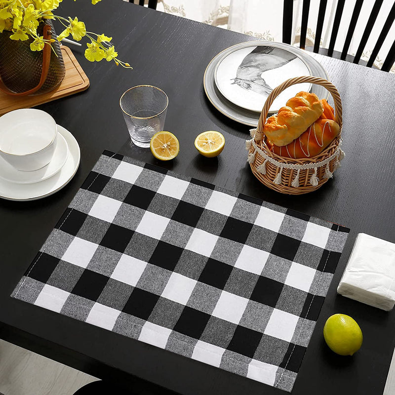 4 Pieces Christmas Buffalo Check Placemats Double Layer Checkered Burlap & Cotton Placemats for Christmas Hallowen Holiday Table Home Decoration, 12 x 18 Inches Black/White - PawsPlanet Australia