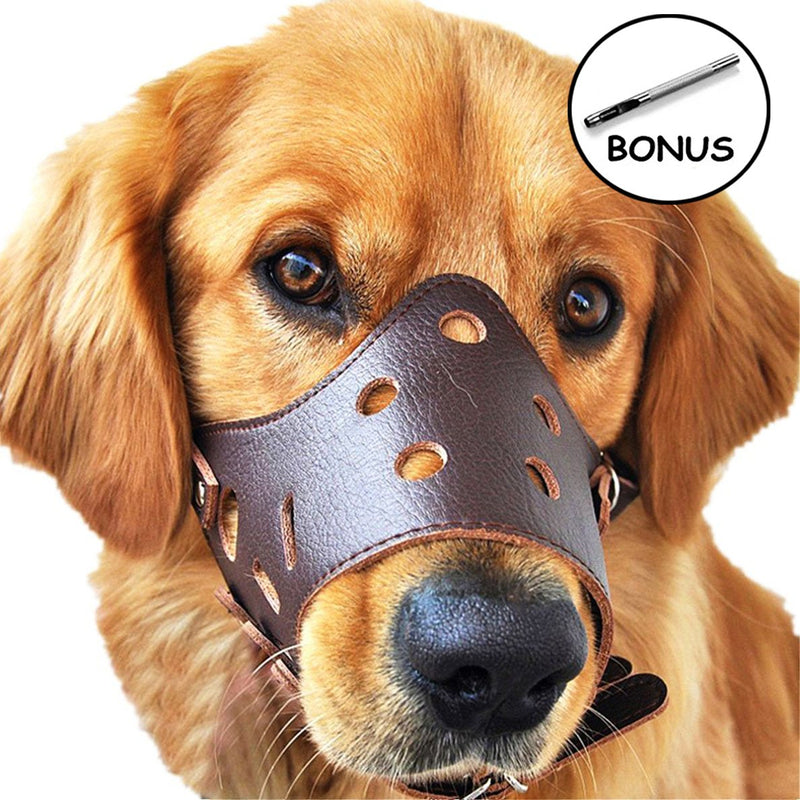 Adjustable Anti-biting Dog Muzzle Leather, Breathable Safety Pet Dog Muzzle Mask for Biting and Barking (L, Brown) L - PawsPlanet Australia