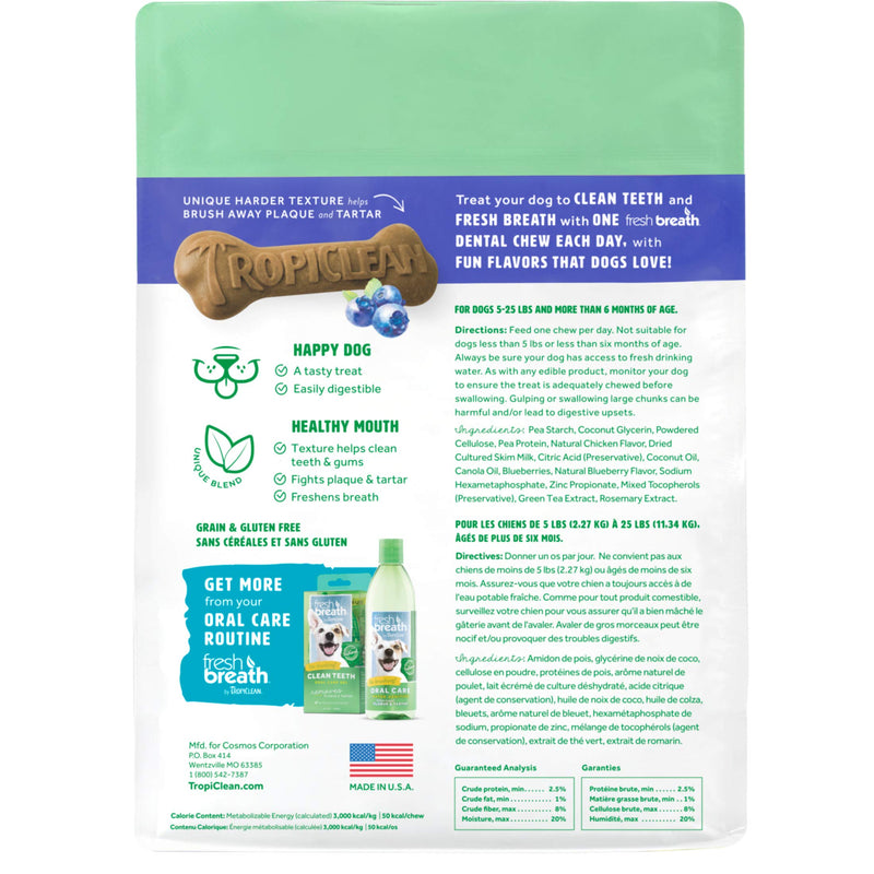 Fresh Breath by TropiClean Dog Dental Care Blueberry Flavored Dental Chews for Dogs 5-25 Pounds, 20ct, 11oz - Helps Brush Away Plaque and Tartar — Made in the U.S.A. - PawsPlanet Australia