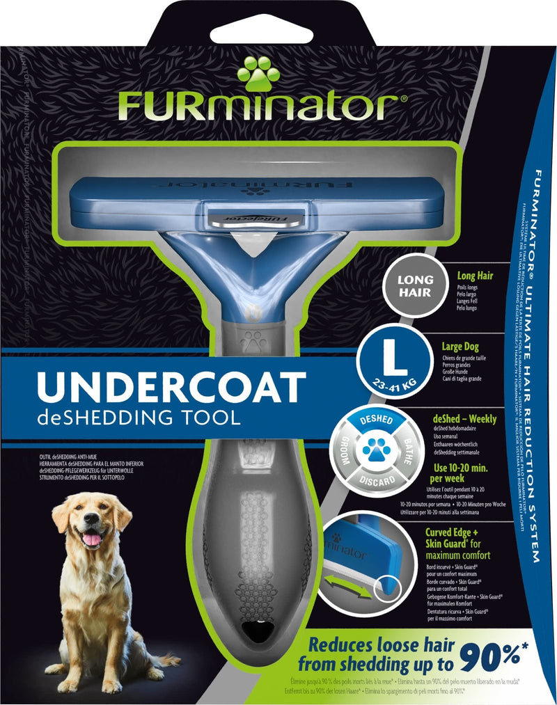 Furminator deShedding tool dog size L long hair - dog brush for large dogs to remove undercoat - improved design, black/blue/silver version 2.0 - PawsPlanet Australia