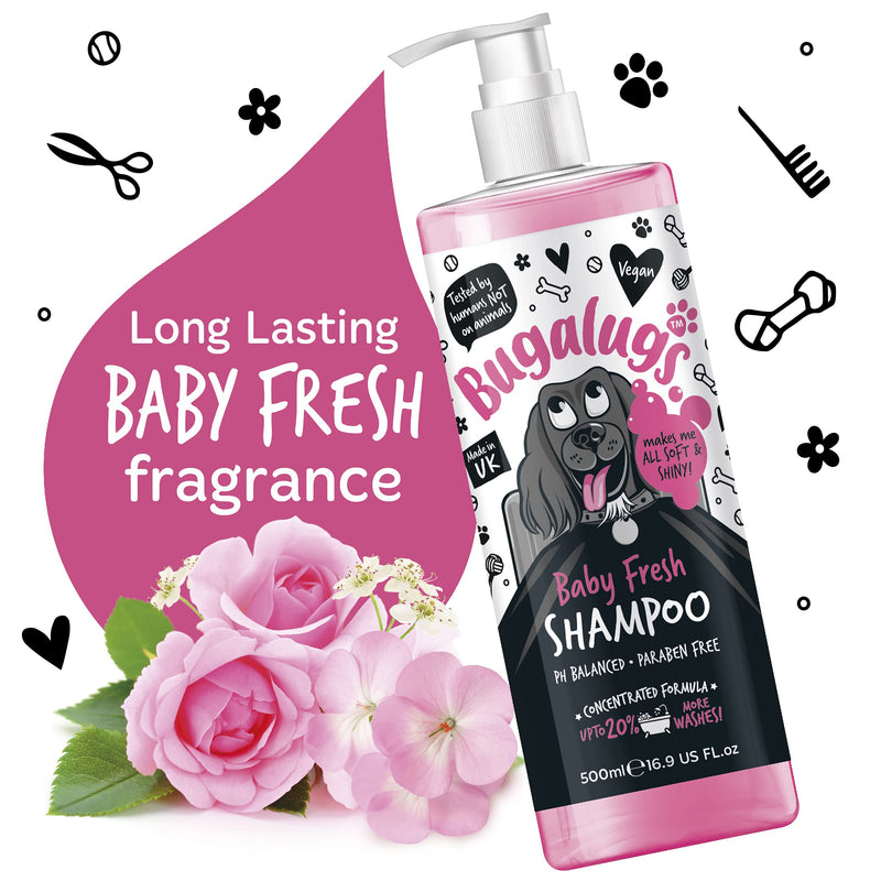 BUGALUGS Baby Fresh Dog Shampoo 500ml dog grooming shampoo products for smelly dogs with baby powder scent, best puppy shampoo baby fresh, shampoo conditioner, Vegan pet shampoo professional (500ml) 500 ml (Pack of 1) - PawsPlanet Australia